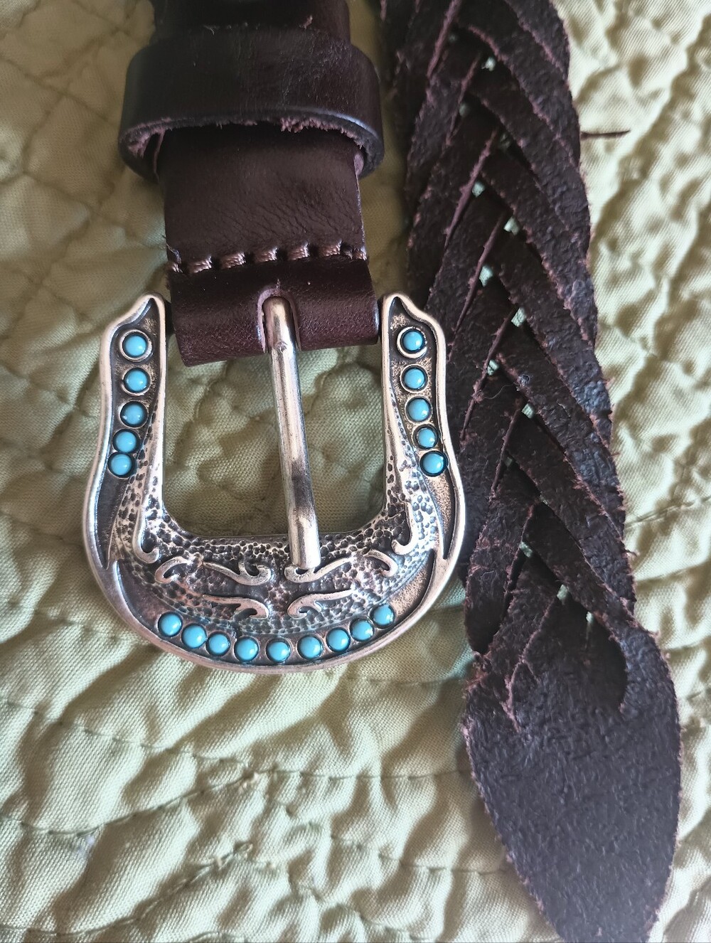 Turquoise Accent Braided Brown Leather Belt